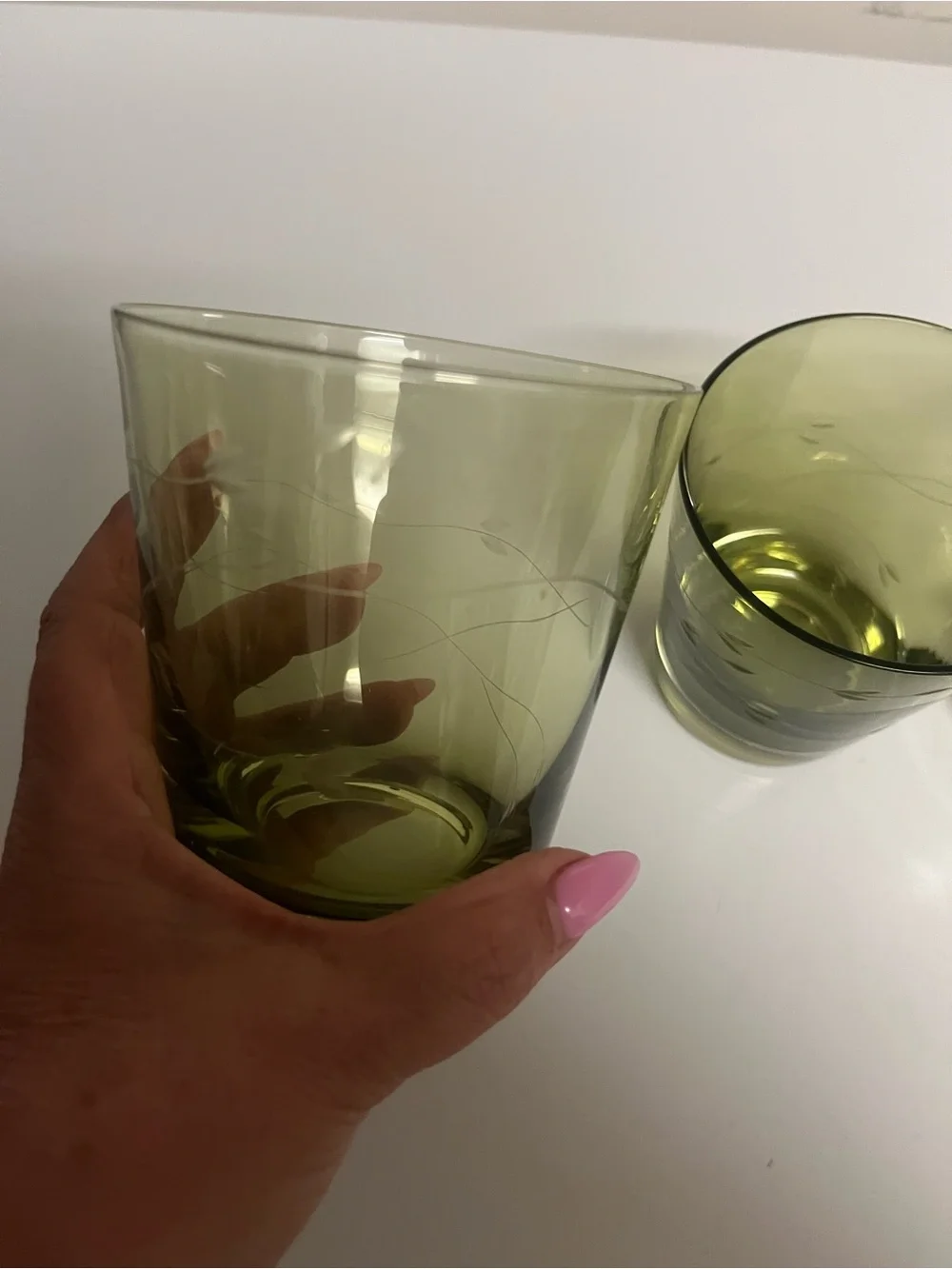 Set of 4 Vintage Olive Green‎ Etched Leaf Rocks Glasses Tumblers Mid Century
